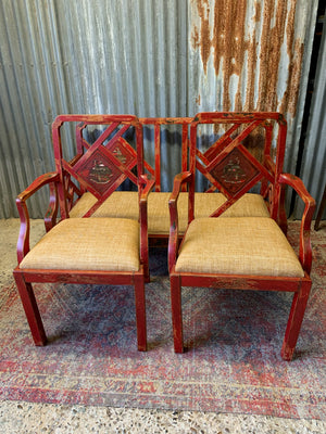 A red lacquered Chinoiserie bench and chair suite