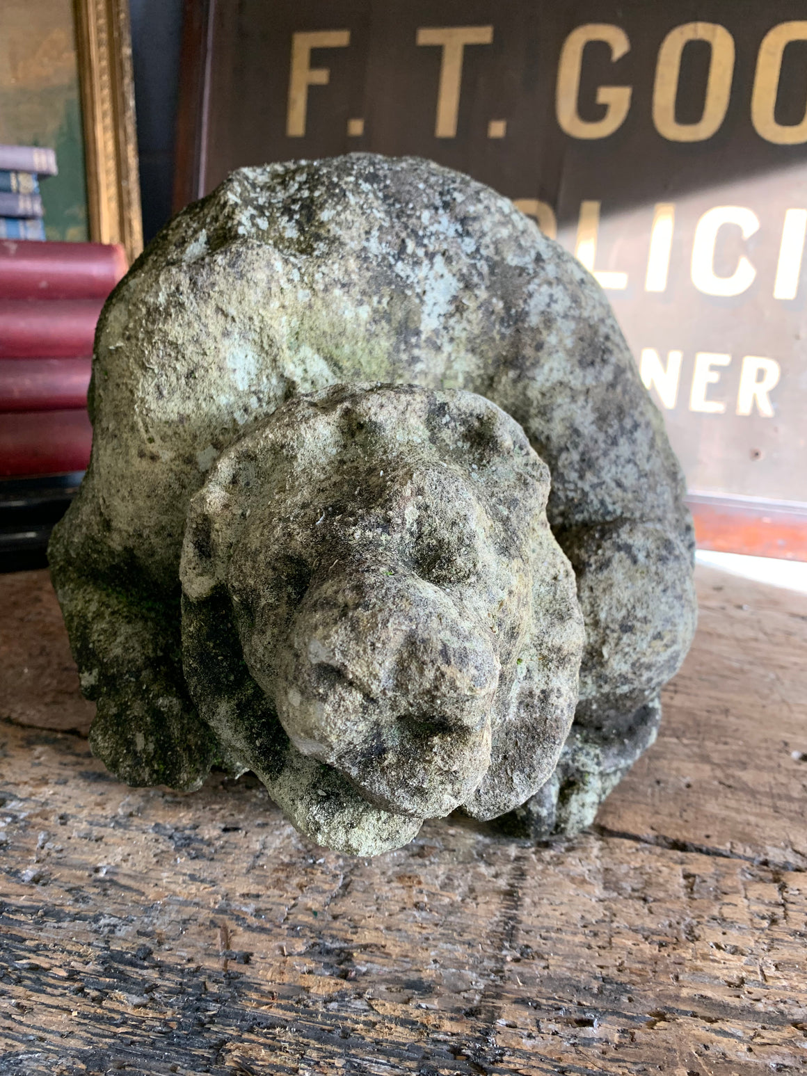 A very old lion chimera garden statue