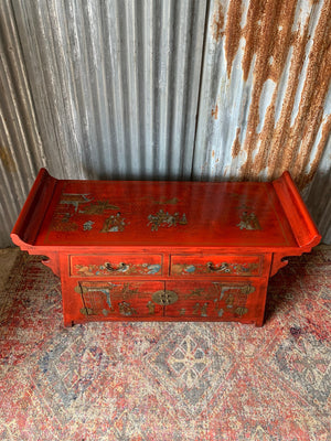 A red Chinese altar cabinet