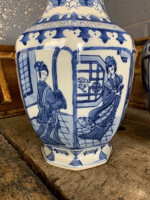 A pair of large blue and white octagonal Chinese vases