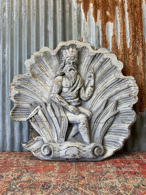 A very large hand-carved wooden plaque depicting Neptune