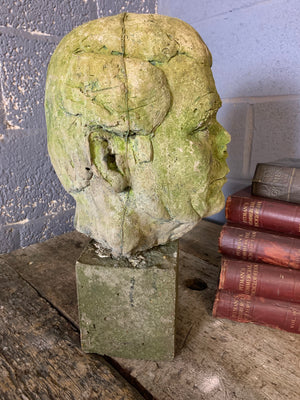 A life size weathered cast stone bust of a gentleman