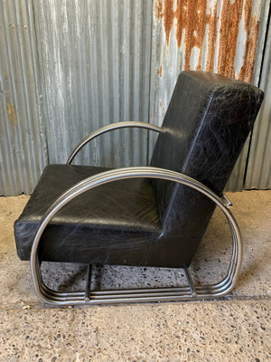 A black leather and chrome 'Hudson Street' open armchair by Ralph Lauren, after KEM Weber