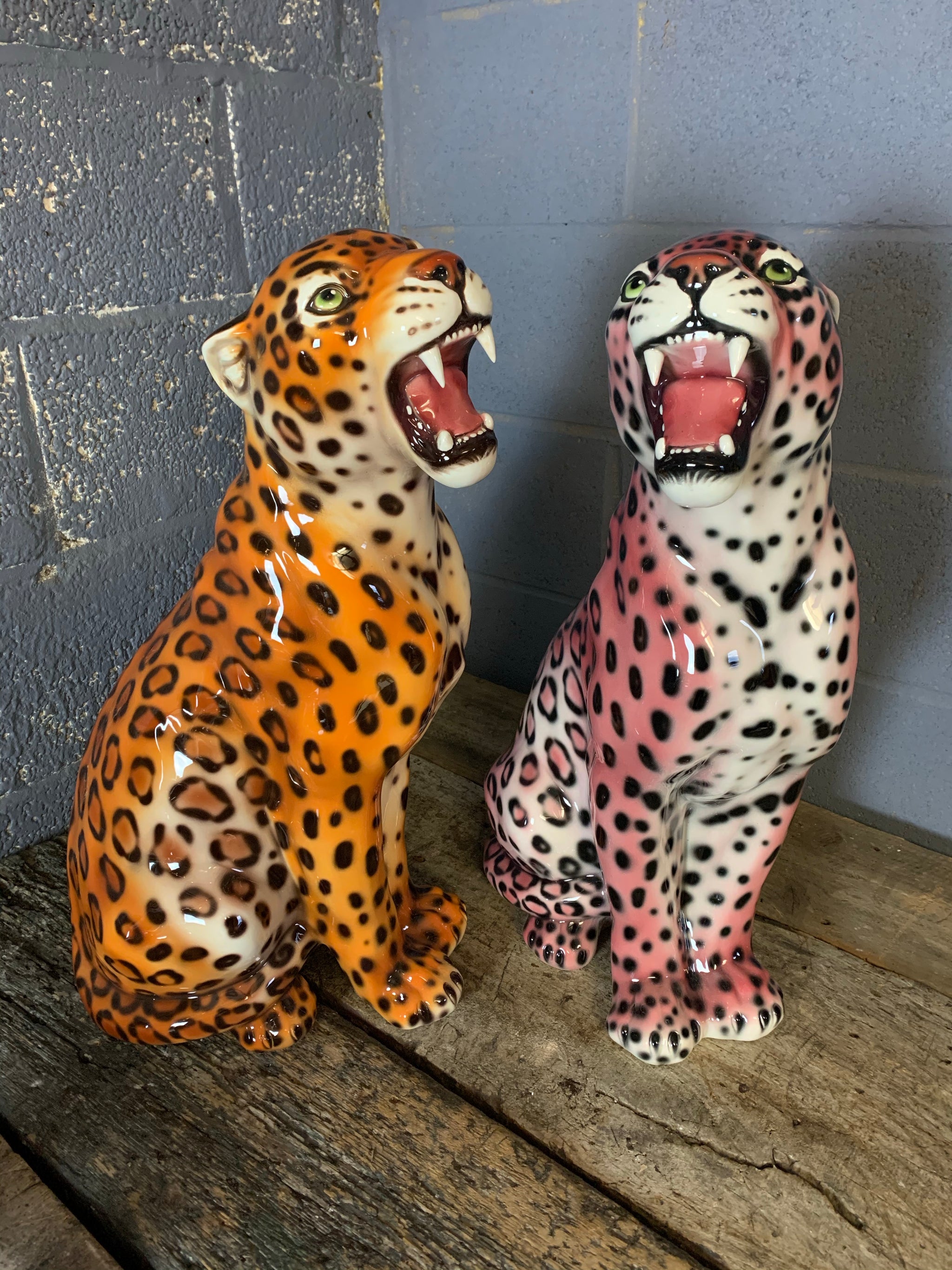 A large pink ceramic leopard statue made in Italy - Belle and Beast Emporium