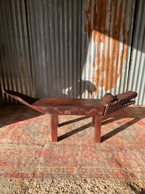 A large carved hardwood crocodile bench seat- 151cm