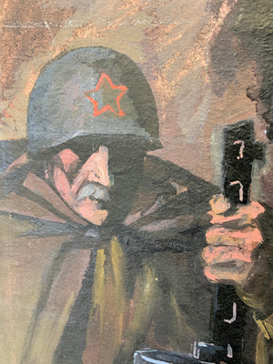 A Russian oil painting by artist Prokopyuk titled "War" 1974