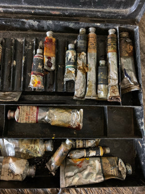 A Reeves & Sons artist's paint box with oil paints and palette
