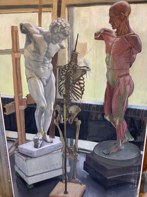 A very large original oil painting - ecorche, skeleton, sculpture