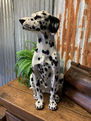 A large ceramic Dalmatian dog statue made by Ceramiche Boxer