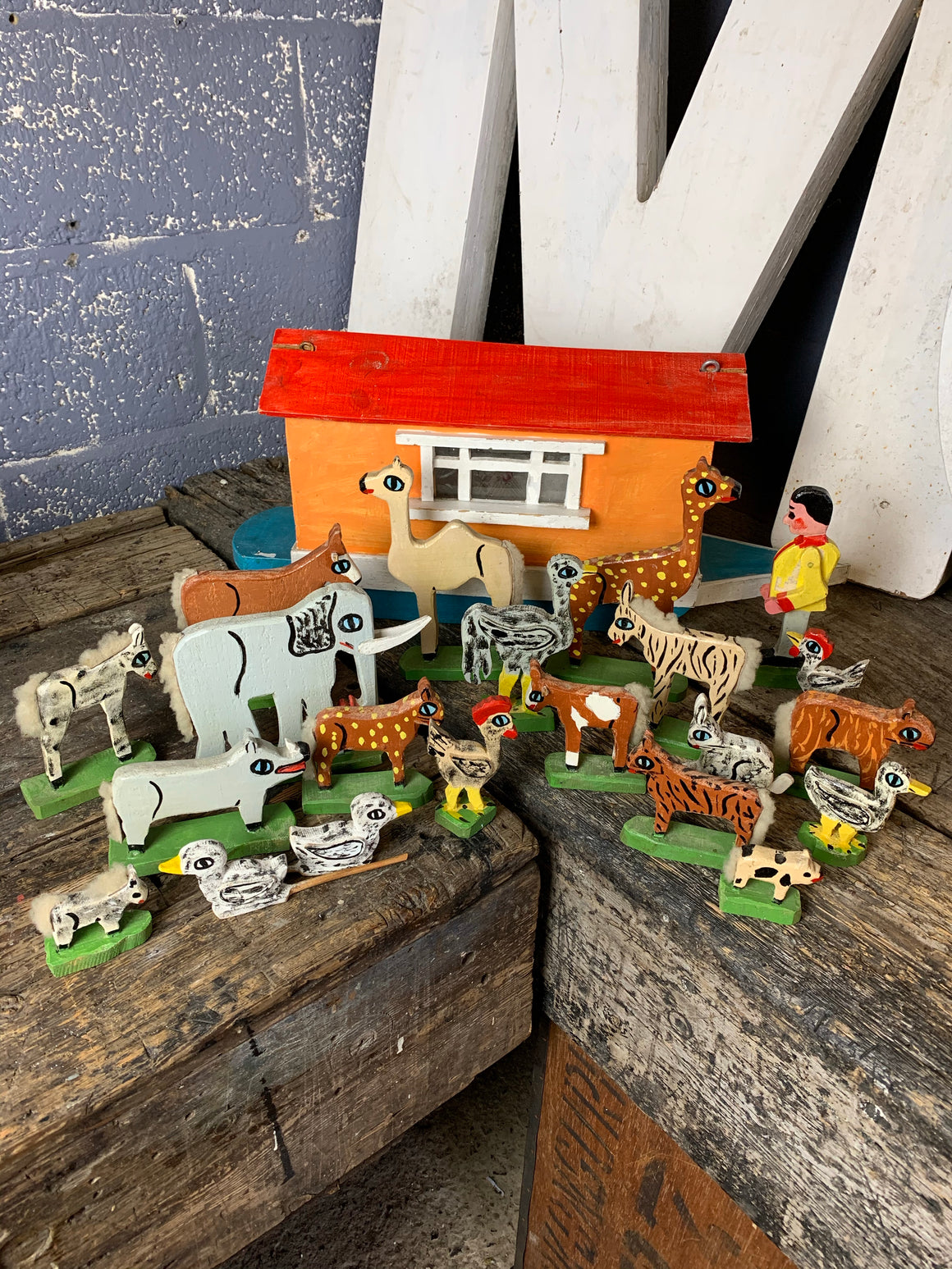 A handmade folk art Noah's Ark and animals