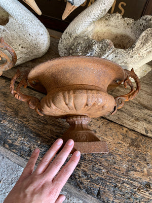 A pair of cast iron urns with handles