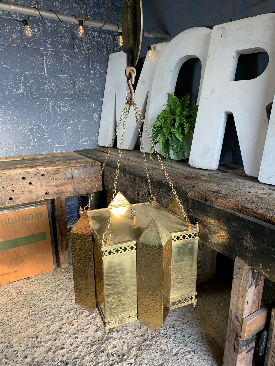 A large Gothic Revival brass pendant lantern