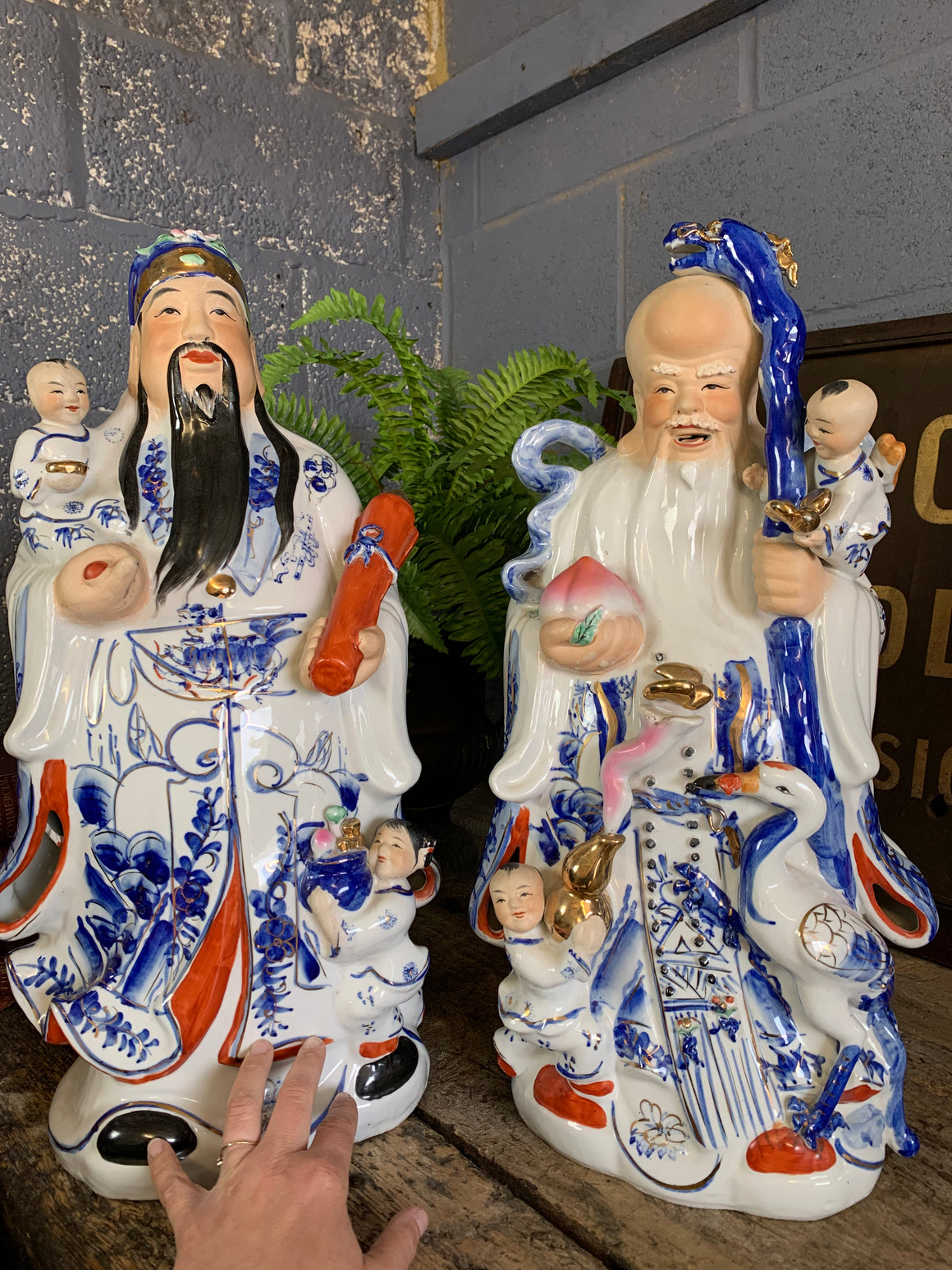 A large pair of Chinese House Gods: Shou Lao & Fu
