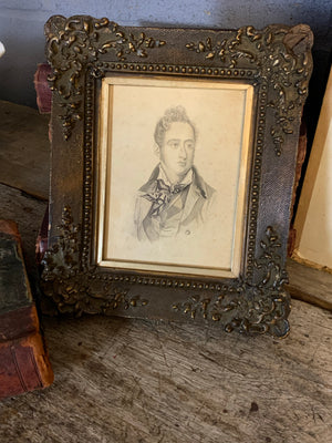 A 19th Century framed and signed pencil portrait of Alphonse de Lamartine