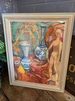 A signed chalk pastel still life with lay figure