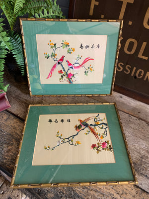 A pair of Chinese silk embroidery pictures of exotic birds