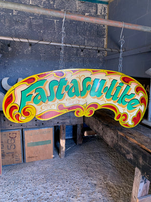 A hand-painted fairground panel ~ "Fast-as-u-like"