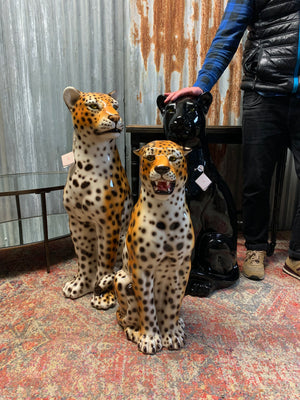 A large ceramic seated leopard statue ~ 92cm