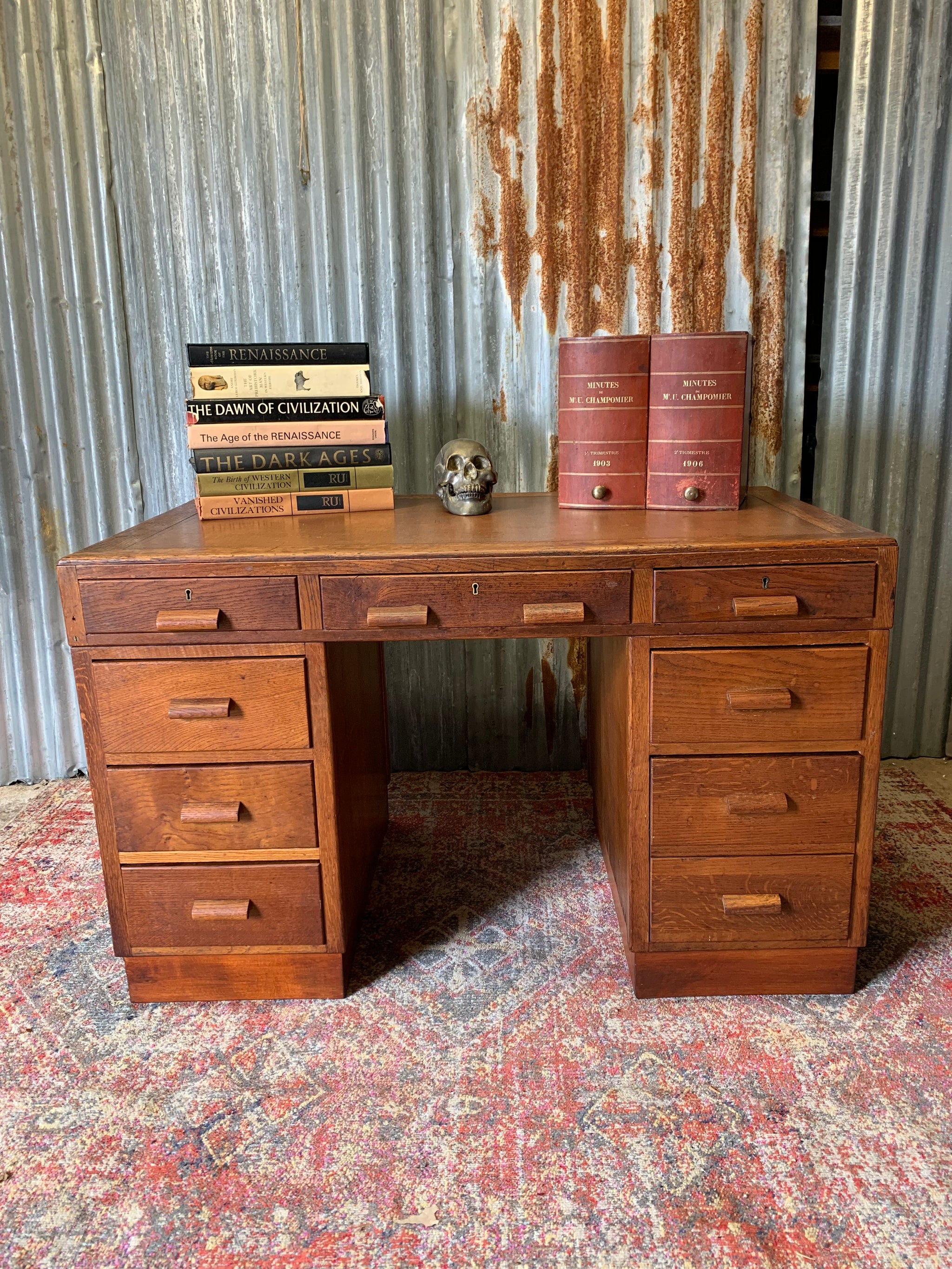 Oak twin pedestal deals desk