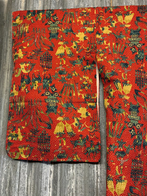 A red silk kimono with interesting pattern