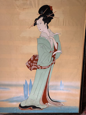 A very large framed oil of Hosoda's "Itsutomi"