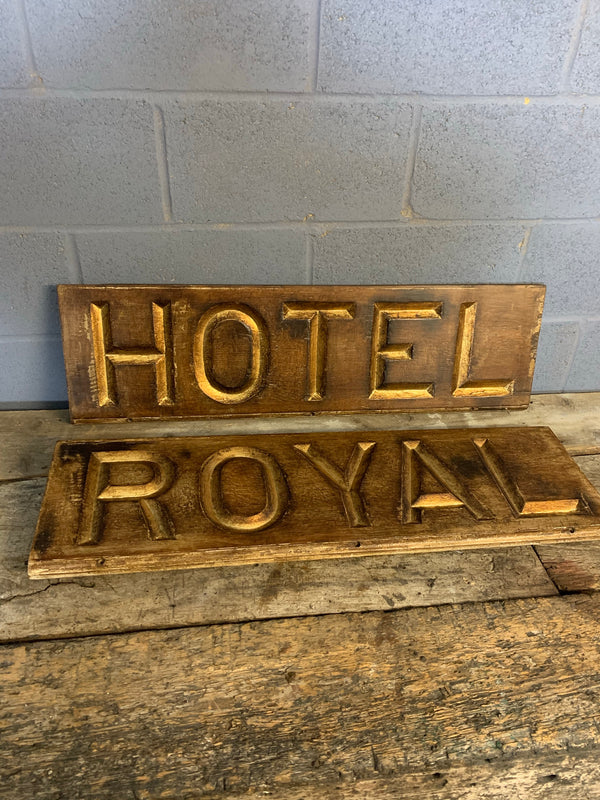 A large gilt lettered carved wooden 'Hotel' sign - Belle and Beast Emporium