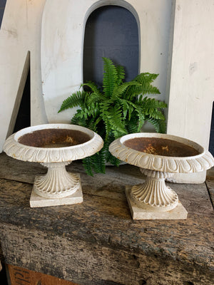 A pair of white cast iron tazza urns