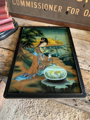 A very large reverse painted glass Geisha picture