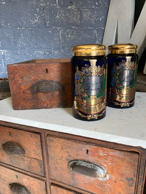 A cobalt blue glass myrrh apothecary jar by the Royal Pharmaceutical Society