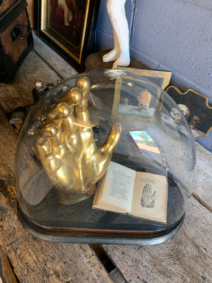 A large lollipop glass dome housing a palmistry display