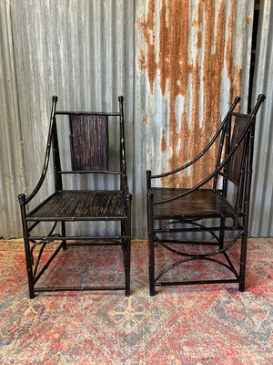 A pair of black lacquered bamboo throne chairs