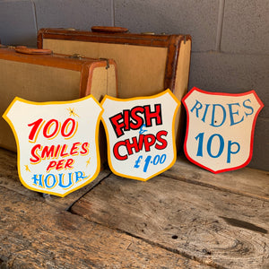 A hand painted fairground advertising sign - Rides 10p