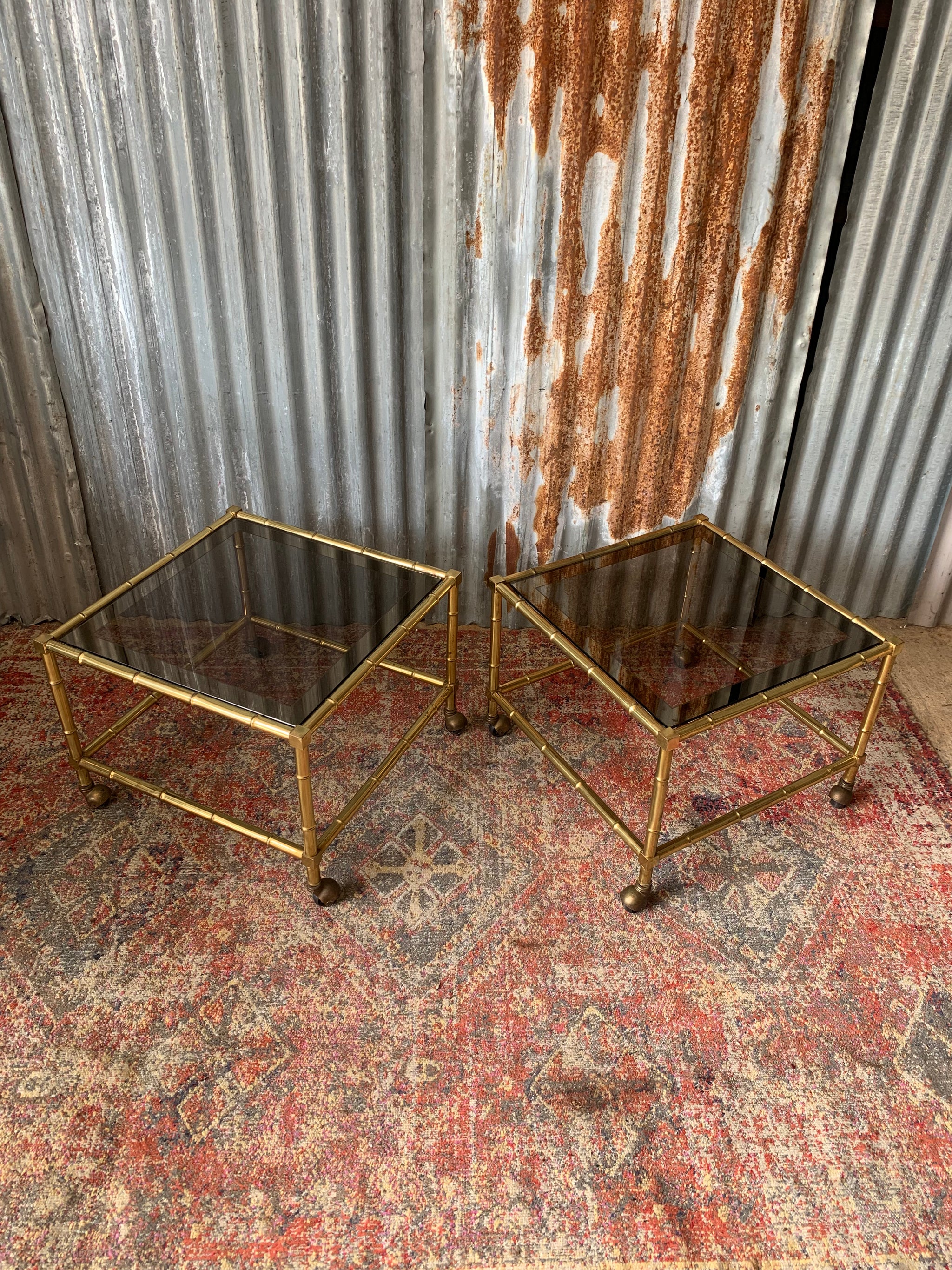 A pair of brass and glass Hollywood Regency faux bamboo tables - Belle and Beast  Emporium