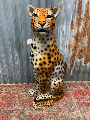 A large ceramic seated leopard statue ~ 92cm