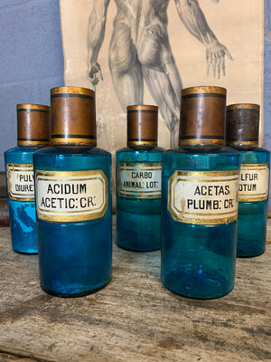 A collection of five blue glass apothecary bottles with hand-painted labels