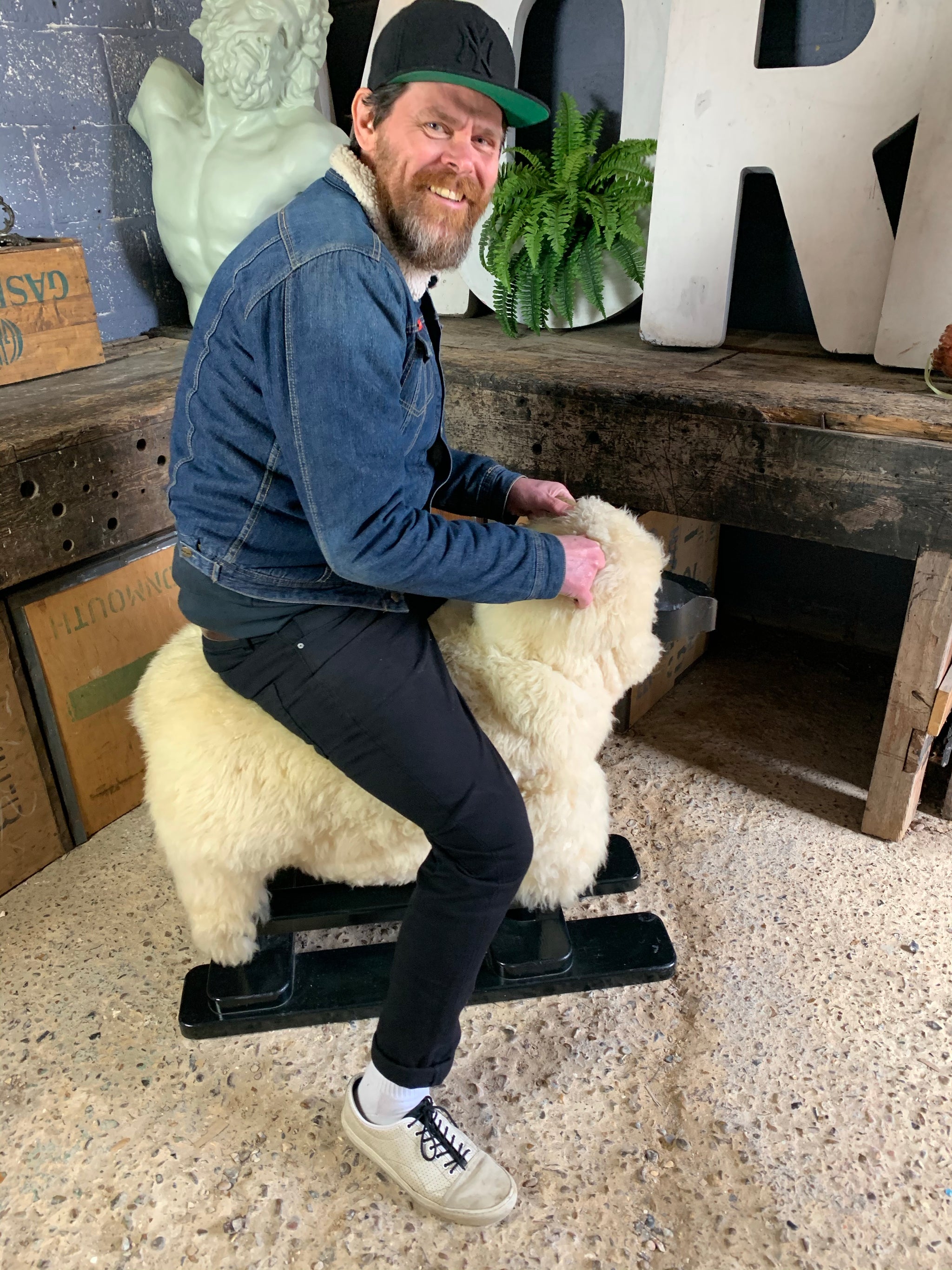 A life-size sheepskin rocking horse sheep - Belle and Beast Emporium