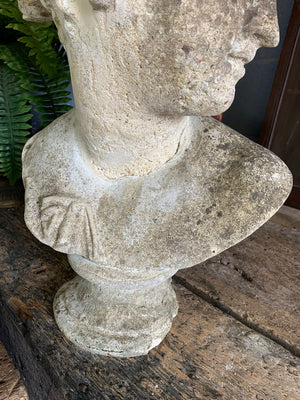 A weathered cast stone bust of Venus or Aphrodite