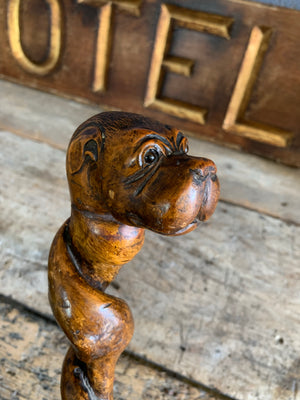 A wooden dog's head walking stick with glass eyes