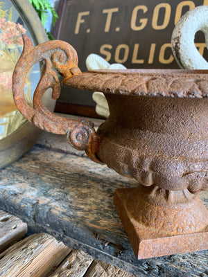 A pair of cast iron urns with handles