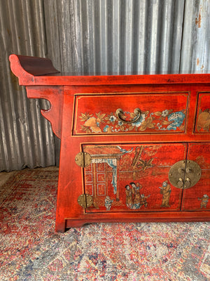 A red Chinese altar cabinet