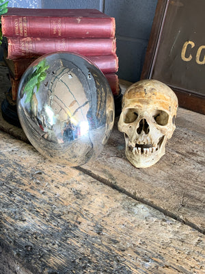 A large silver mercury glass witches ball