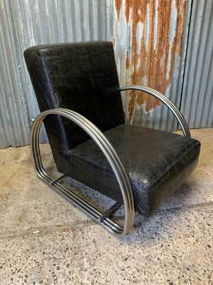 A black leather and chrome 'Hudson Street' open armchair by Ralph Lauren, after KEM Weber