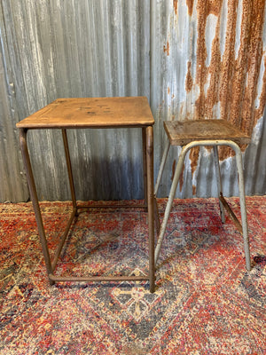 A steel and wood school desk with lab stool ~ 1