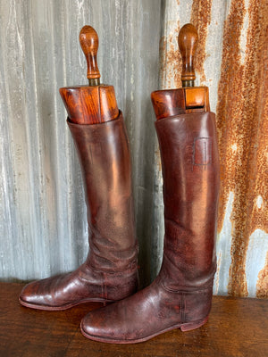 A pair of Peal & Co. brown leather military riding boots and wooden lasts for A. V. G. Paley