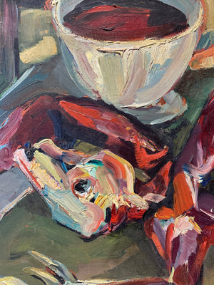 A large Expressionist butcher’s scene still life painting