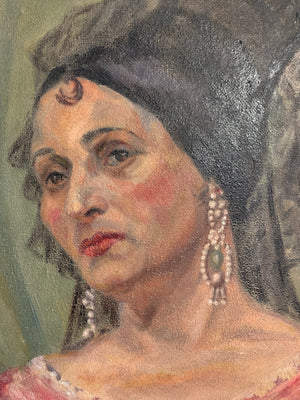 A large Spanish oil on canvas portrait of a lady in flamenco headdress