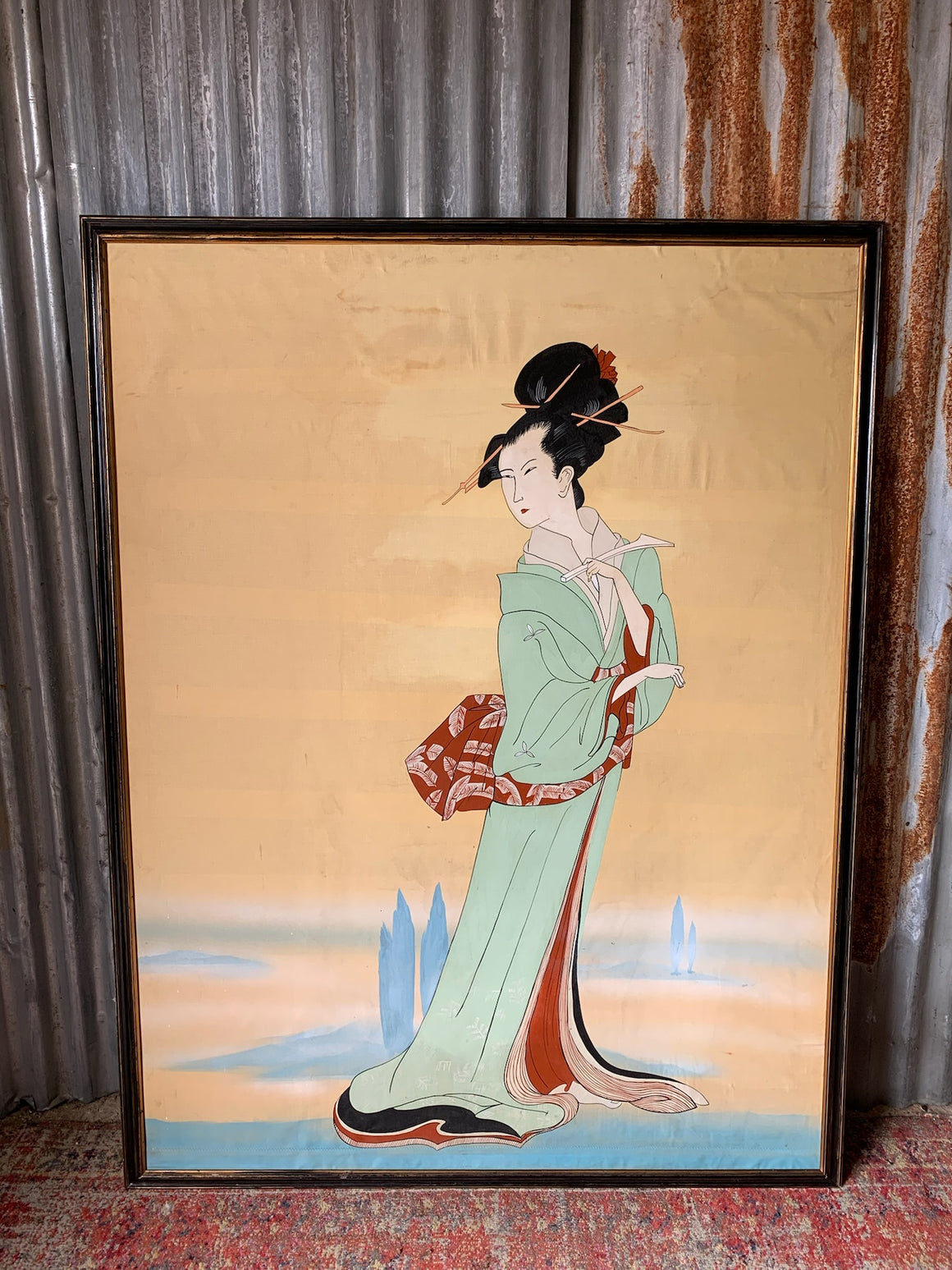 A very large framed oil of Hosoda's "Itsutomi"