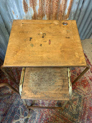 A steel and wood school desk with lab stool ~ 1