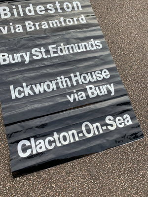 A vintage bus blind roller sign: Ipswich, Clacton, Bury St Edmunds, Stowmarket