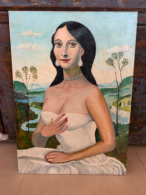 An outsider art oil portrait after Da Vinci's "Mona Lisa"